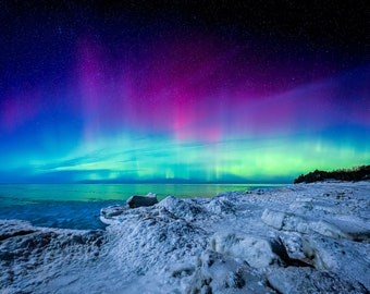 Winter Northern Lights, Aurora Borealis Print, Milky Way, Night