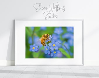 Honey Bee Art, Forget Me Nots, Blue Flowers, Bee on Flower, Large Bee Art, Bees and Flowers, Metal Bee Art, Botanical Print, Garden Print