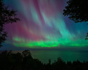 Aurora Borealis Print | G3 Sky Storm | Northern Lights Art | Great Lakes | Lake Michigan Wall Art | Blue | Green | Purple | Water Reflection