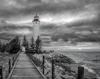 Point Crisp Lighthouse Art Print - Black & White - Lake Superior Michigan - Nautical Wall Decor - Coastal Home Decor - Lighthouse Metal Art