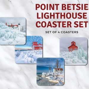 Lighthouse Four Coaster Set, 4 Nautical Coasters, Point Betsie Lighthouse, Lake Michigan Gift, Drink Coaster Set, 4 Coasters, Beer Mat image 1