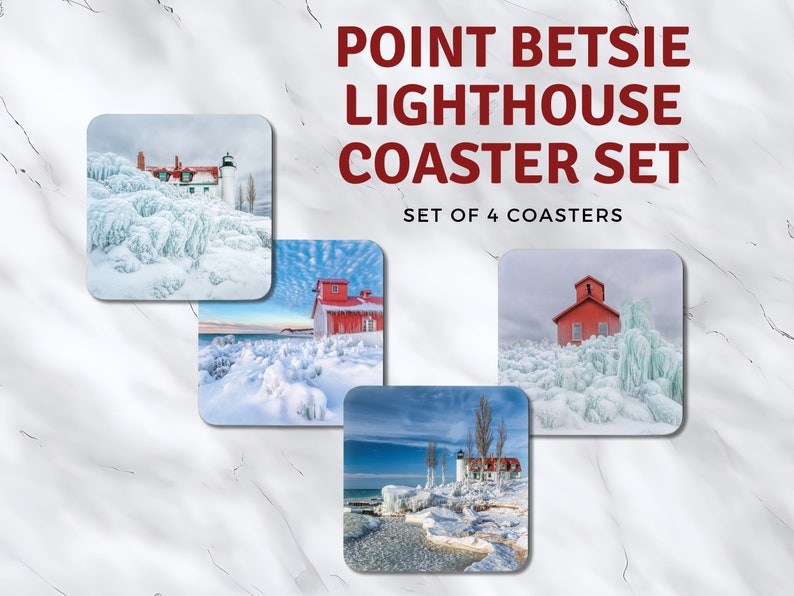 Lighthouse Four Coaster Set, 4 Nautical Coasters, Point Betsie Lighthouse, Lake Michigan Gift, Drink Coaster Set, 4 Coasters, Beer Mat image 1