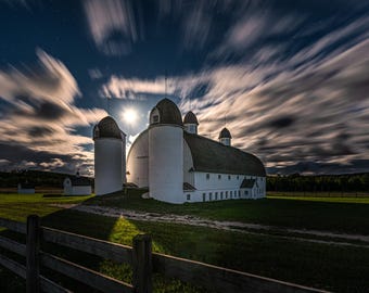DH Day Barn Print, Sleeping Bear Dunes Art, Full Moon, White Barn, Empire Michigan, Glen Arbor, Michigan Photography, Night Skies, Dark Sky