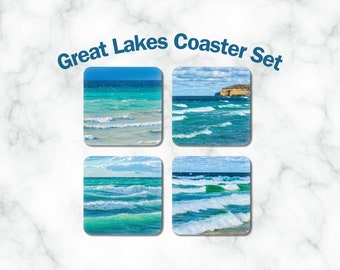 Set of Four Great Lakes Coasters, Lake Michigan Lake Superior, Beach Wave Coaster Set, Housewarming Gift, Shower Present, Coastal home decor