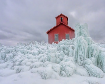 Point Betsie Lighthouse Print, Red Foghouse, Frankfort Michigan, Winter Landscape, Winter Wonderland, Metal Art, Fine Art Print, Photograph