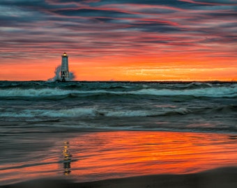 Orange Sunset Lake Michigan | Frankfort Lighthouse Metal Art | Fine Art Print | Pure Michigan Art | Dramatic  Lake Michigan Sunset & Sky