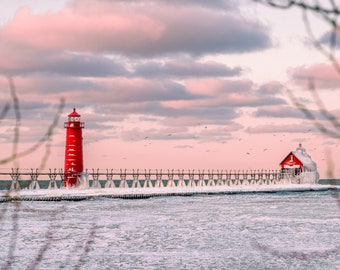 Grand Haven Lighthouses, Sunrise on Lake Michigan, Cotton Candy Sky, Red Lighthouses, Winter Landscape,  Metal Art, Fine Art Print, Wall Art
