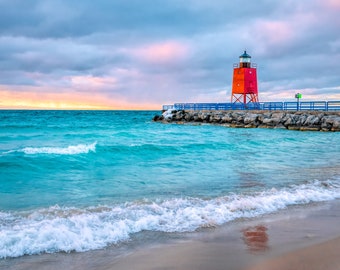 Charlevoix Lighthouse | Lake Michigan | Red Lighthouse Metal Art | Fine Art Print | Pure Michigan Art | Great Lakes Print | Beach Wall Decor