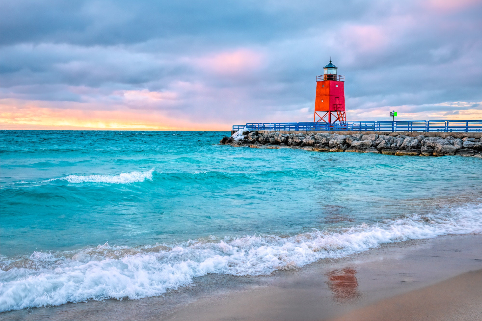 Charlevoix Lighthouse | Lake Michigan | Red Lighthouse Metal Art | Fine Art Print | Pure Michigan Art | Great Lakes Print | Beach Wall Decor