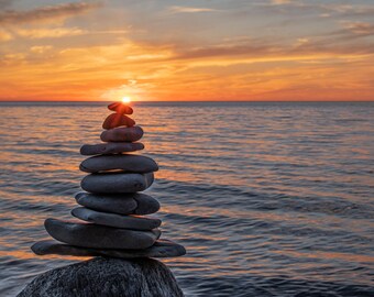 Rock Cairn Photo, Rocks Sunset Art, Peaceful Sunset  Print, Square Print &quot;Cairn Candle&quot;