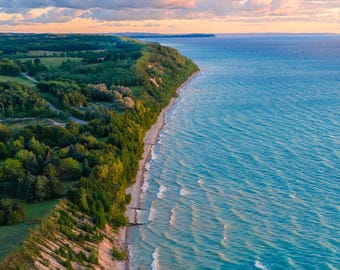 Sunset Sky & Water | Aerial Fine Art Print | Metal Art | Michigan Photography | Lake Michigan | Great Lakes Art | Aqua Blue | Beach | Waves