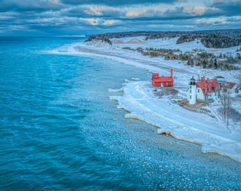 Point Betsie Lighthouse Winter Aerial Print: Lake Michigan Blue Ice