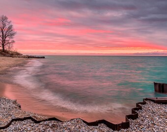 Pink Beach Sunset Lake Michigan | Metal Beach Wall Art | Fine Art Print | Colorful Coastal Art | Point Betsie View | Large Beach Print