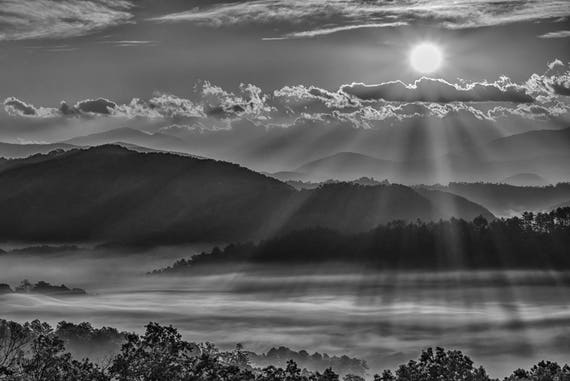 Smokey Mountains, Sunrays Print, Sunrise Art,  Metal Art, Black and White, "Sunrays in Black and White"