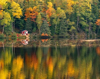 Michigan Fall Boathouse Reflection Print | Upper Peninsula Wall Art