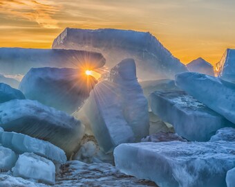 Blue Ice Art, Blue Ice Metal Print, Ice Sculpture Art, Mackinaw City, Sunrise on Blue Ice, Fine Art Print, Metal Art, Michigan Photography