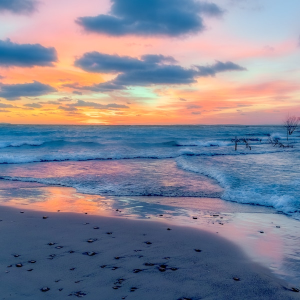 Sunset Beach Print, Lake Michigan Photo, Metal Art, "Stained Glass Sky at Gill's Pier"