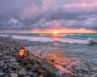 Nautical Sunset Print,  Fine Art Print, Red Lantern Metal Art, Lake Michigan Wall Decor, Winter Beach Art, Great Lakes Sunset, Beautiful Sky