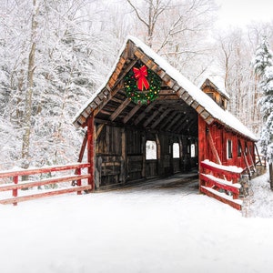 Holiday Fine Art, Covered Bridge Print, Michigan Nostalgia, Red Decor  "Snow Covered Bridge"