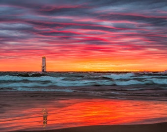 Bold Sunset on Lake Michigan | Frankfort Lighthouse Metal Art | Fine Art Print | Pure Michigan Art | Dramatic  Lake Michigan Sunset & Sky