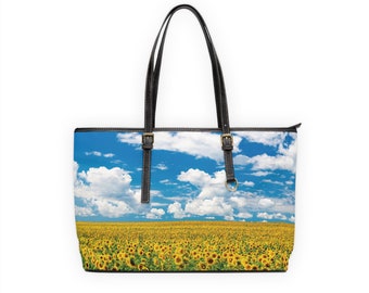 Sunflower Field Tote Bag, Summer Purse, Yellow and Blue Tote, Faux Leather Tote, Sunflower Purse, Floral Bag,