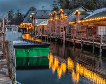 Holiday Joy Boat Art, Fishtown Holiday Lights Print, Leland Metal Decor  "Fishtown Leland Joy"