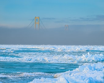 Mackinac Bridge Fog Print: Michigan Winter Landscape Metal Art
