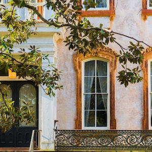 May include: A vintage-style building with a black double door and two large windows with white trim. The building has a balcony with an ornate iron railing. The building is painted in a light peach color and has a green tree in front of it.