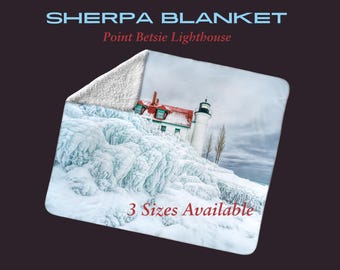 Point Betsie Lighthouse Fleece Sherpa Blanket: Lake Michigan Decor