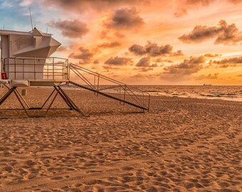 Fort Lauderdale Beach Sunrise Fine Art Print | Lifeguard Stand at Dawn | Florida Beach House Decor | Coastal Home Metal Art | Nautical Home