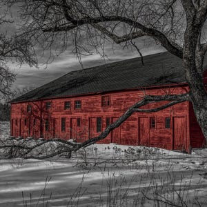 Old Red Barn Print, Antique Farm, Winter Scene Print, Barn Metal Print, &quot;Faded Red Barn in Snow&quot;