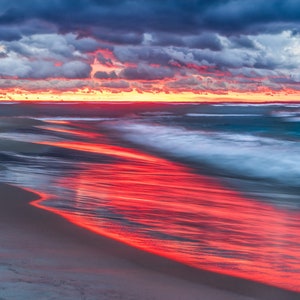 Sunset Beach Print | Michigan Photography | Metal | Fine Art Print | Red Sunset | Beach Art | Teal Blue | Lake Michigan | Leelanau | Gift