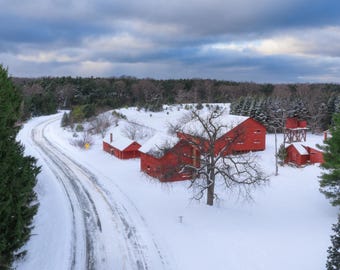 Aerial Red Barn Northport | Barn in Winter | Snowy Holiday Print | Leelanau Peninsula |