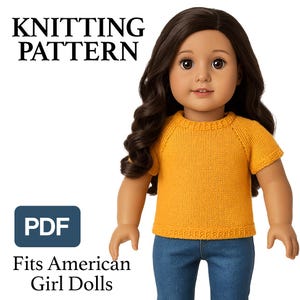 PDF Knitting Pattern, 18 Inch Doll Shirt, Fits American Girl Dolls, Short Sleeve Raglan Sweater, Easy Knit Top, Instant Download