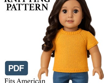PDF Knitting Pattern, 18 Inch Doll Shirt, Fits American Girl Dolls, Short Sleeve Raglan Sweater, Easy Knit Top, Instant Download