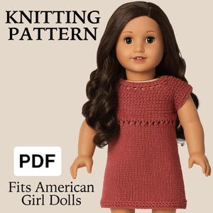 May include: Knitting pattern PDF for a red dress that fits American Girl dolls. The pattern is for a simple, sleeveless dress with a crocheted neckline and hem.
