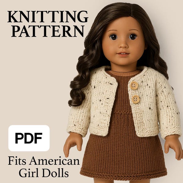 Patrón de tejido en PDF, cárdigan para muñecas de 45 cm, apto para muñecas American Girl, suéter fácil de tejer sin costuras, descarga instantánea, patrón de ropa para muñecas