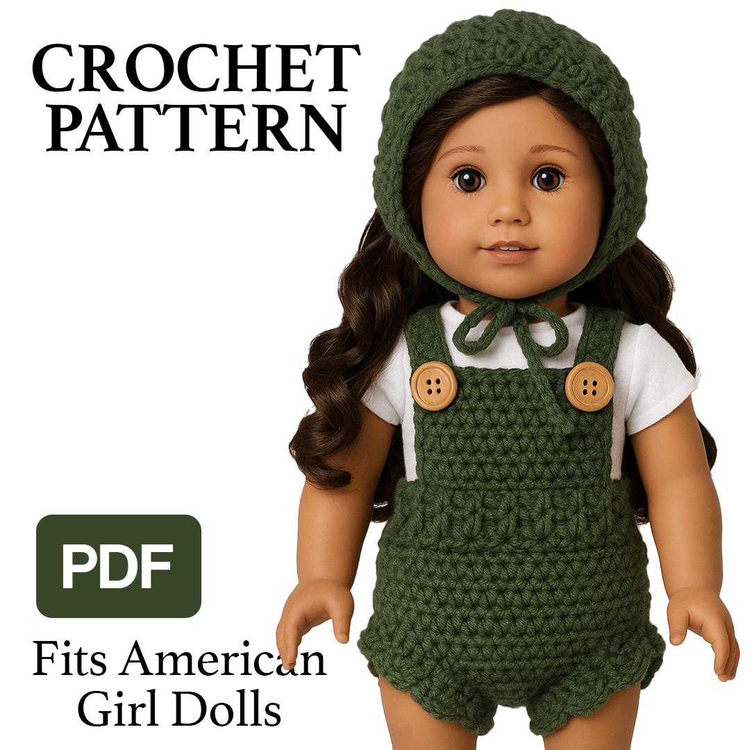 PDF Crochet Pattern, 18 Inch Doll Romper and Bonnet, Fits American Girl Dolls, Easy Doll Outfit, Instant Download, Doll Clothes PDF