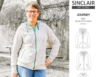 Journey zip up knit raglan hoodie with different pocket styles (pdf sewing pattern)