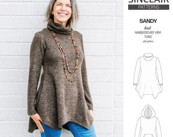 Sandy handkerchief hem tunic with a cowl or a hood and pockets (pdf sewing pattern)