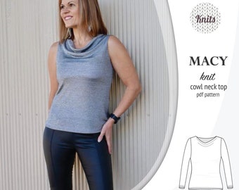Cowl Neck Top Sewing Pattern: Knit Jersey, XS-XXL (PDF Pattern)