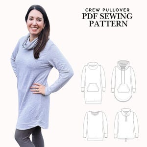 May include: A PDF sewing pattern for a crew pullover with a cowl neck, a kangaroo pocket, and a hoodie option. The pattern includes four different styles: a cowl neck pullover with a kangaroo pocket, a cowl neck pullover with a drawstring, a crew neck pullover with a kangaroo pocket, and a crew neck pullover with a drawstring.