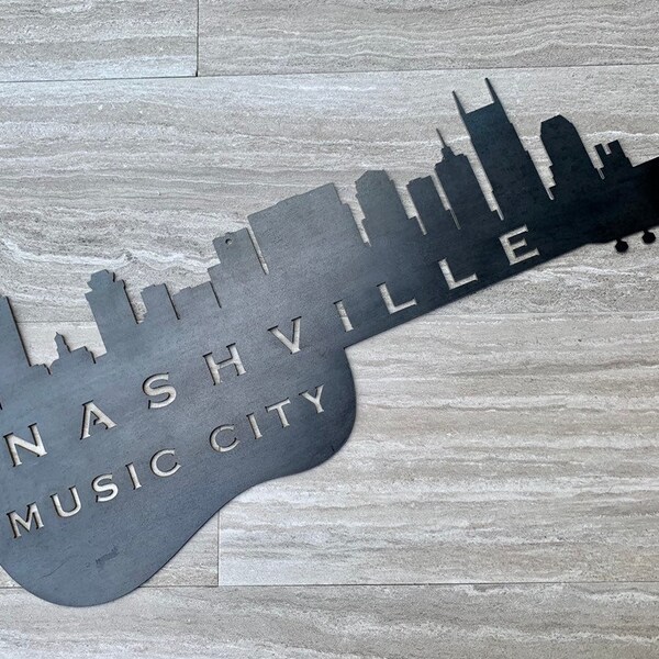 Nashville Music City Guitar Skyline Metal Sign, Nashville Steel Sign