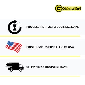May include: Illustration of a clock with an arrow pointing clockwise, a US flag, and a delivery truck. The text reads "Processing Time 1-2 Business Days", "Printed and Shipped from USA", and "Shipping 2-5 Business Days".