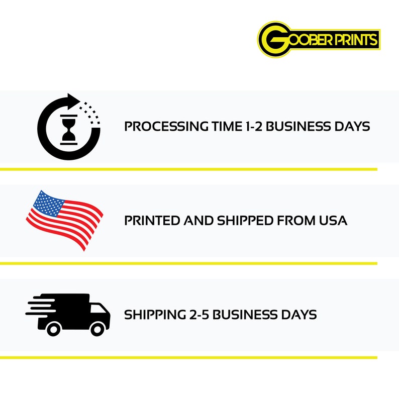 May include: Illustration of a clock with an arrow pointing clockwise, a US flag, and a delivery truck. The text reads "Processing Time 1-2 Business Days", "Printed and Shipped from USA", and "Shipping 2-5 Business Days".