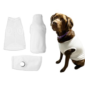 May include: White sleeveless dog shirt with a hole for the leash. The shirt is shown laid flat and on a brown dog.