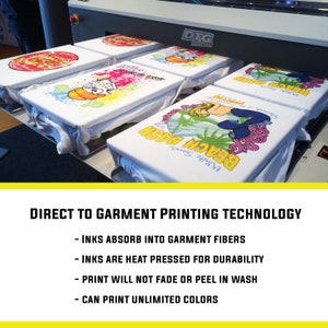 May include: Close-up of a direct-to-garment printing machine with several white t-shirts on the conveyor belt. The t-shirts have colorful designs printed on them. The text on the machine reads "DTG DIGITAL". The text below the image reads "DIRECT TO GARMENT PRINTING TECHNOLOGY" and lists the benefits of this printing method: "INKS ABSORB INTO GARMENT FIBERS", "INKS ARE HEAT PRESSED FOR DURABILITY", "PRINT WILL NOT FADE OR PEEL IN WASH", and "CAN PRINT UNLIMITED COLORS".