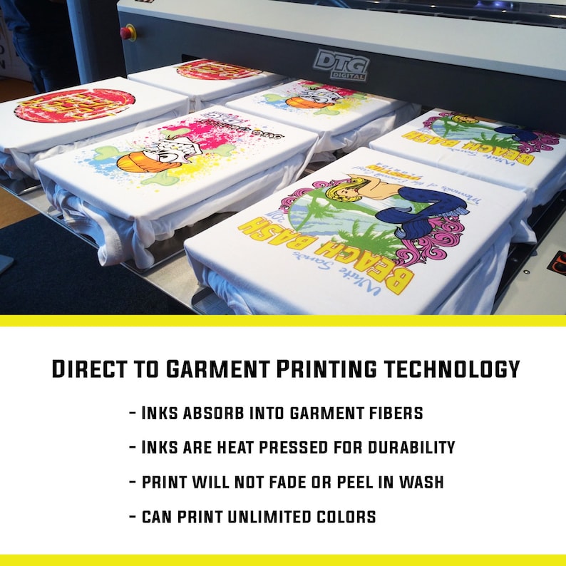 May include: Close-up of a direct-to-garment printing machine with several white t-shirts on the conveyor belt. The t-shirts have colorful designs printed on them. The text on the machine reads "DTG DIGITAL". The text below the image reads "DIRECT TO GARMENT PRINTING TECHNOLOGY" and lists the benefits of this printing method: "INKS ABSORB INTO GARMENT FIBERS", "INKS ARE HEAT PRESSED FOR DURABILITY", "PRINT WILL NOT FADE OR PEEL IN WASH", and "CAN PRINT UNLIMITED COLORS".