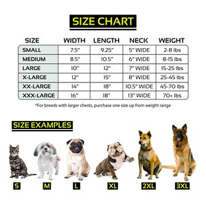 May include: Size chart for dog harnesses with measurements in inches and pounds. The chart shows the width, length, neck size, and weight range for each size. The sizes are small, medium, large, x-large, xx-large, and xxx-large. The chart also includes examples of dogs wearing the harnesses in different sizes.