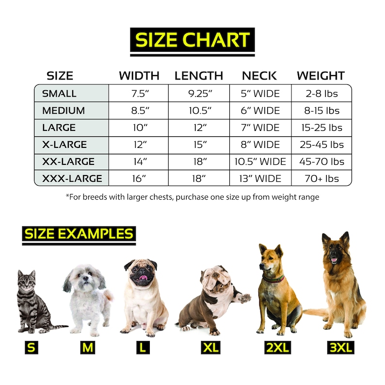 May include: Size chart for dog harnesses with measurements in inches and pounds. The chart shows the width, length, neck size, and weight range for each size. The sizes are small, medium, large, x-large, xx-large, and xxx-large. The chart also includes examples of dogs wearing the harnesses in different sizes.